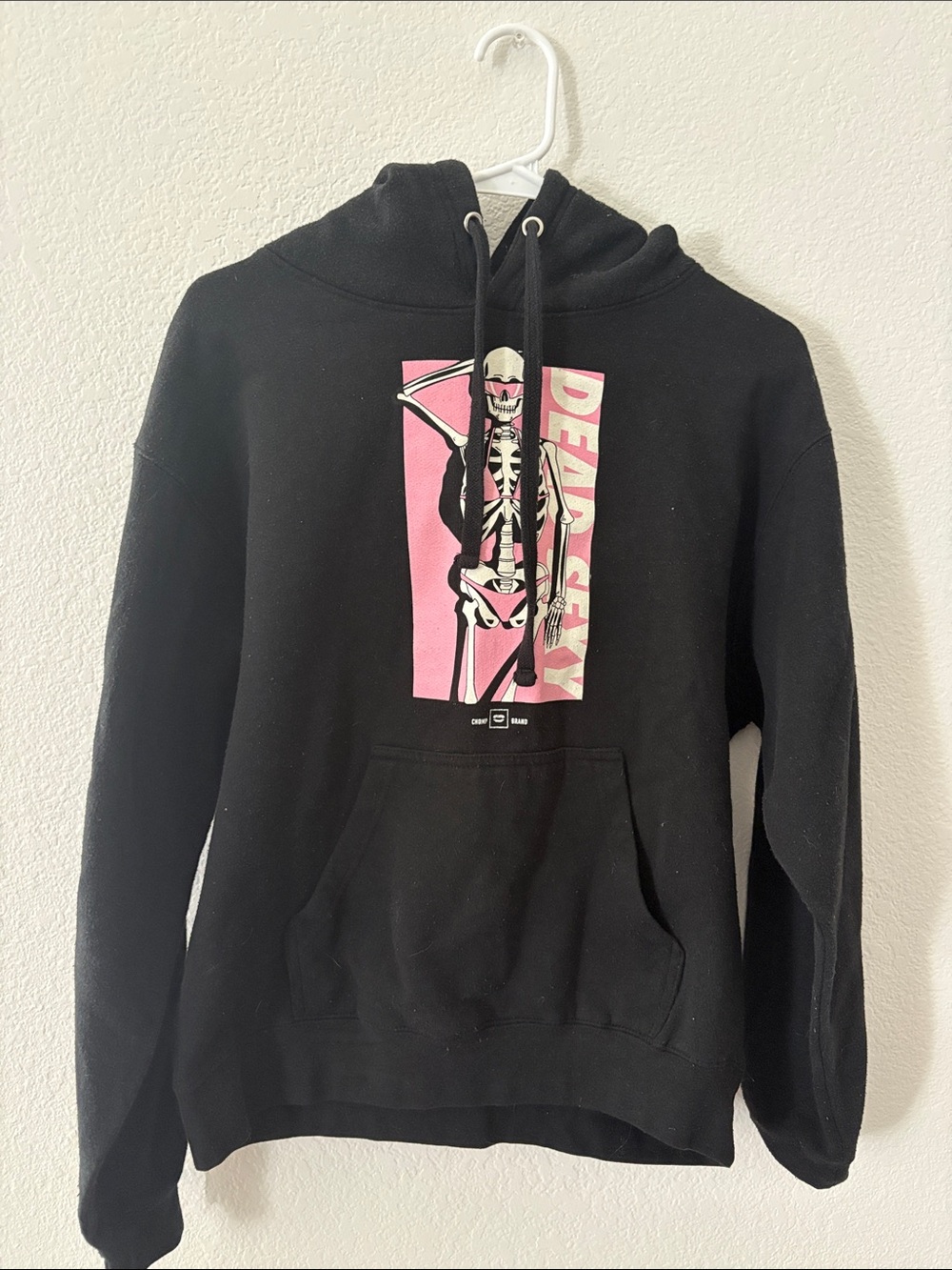 Black Crewneck Hoodie with Pink Skeleton Graphic